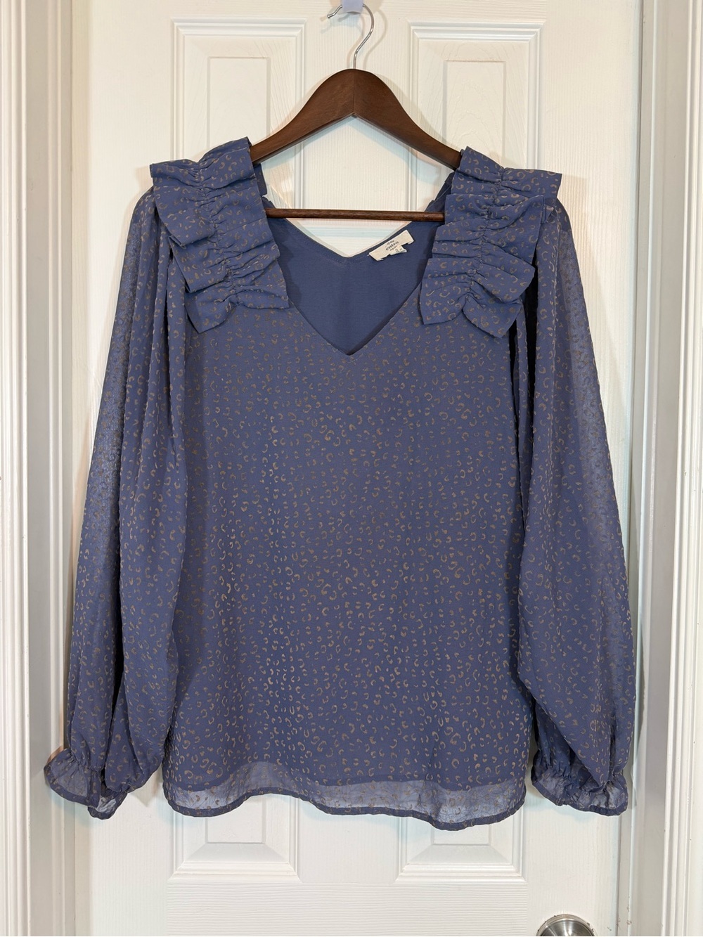 Entro Blue Sheer Cheetah Print Ruffle Shoulder Long Sleeve Blouse Size S
